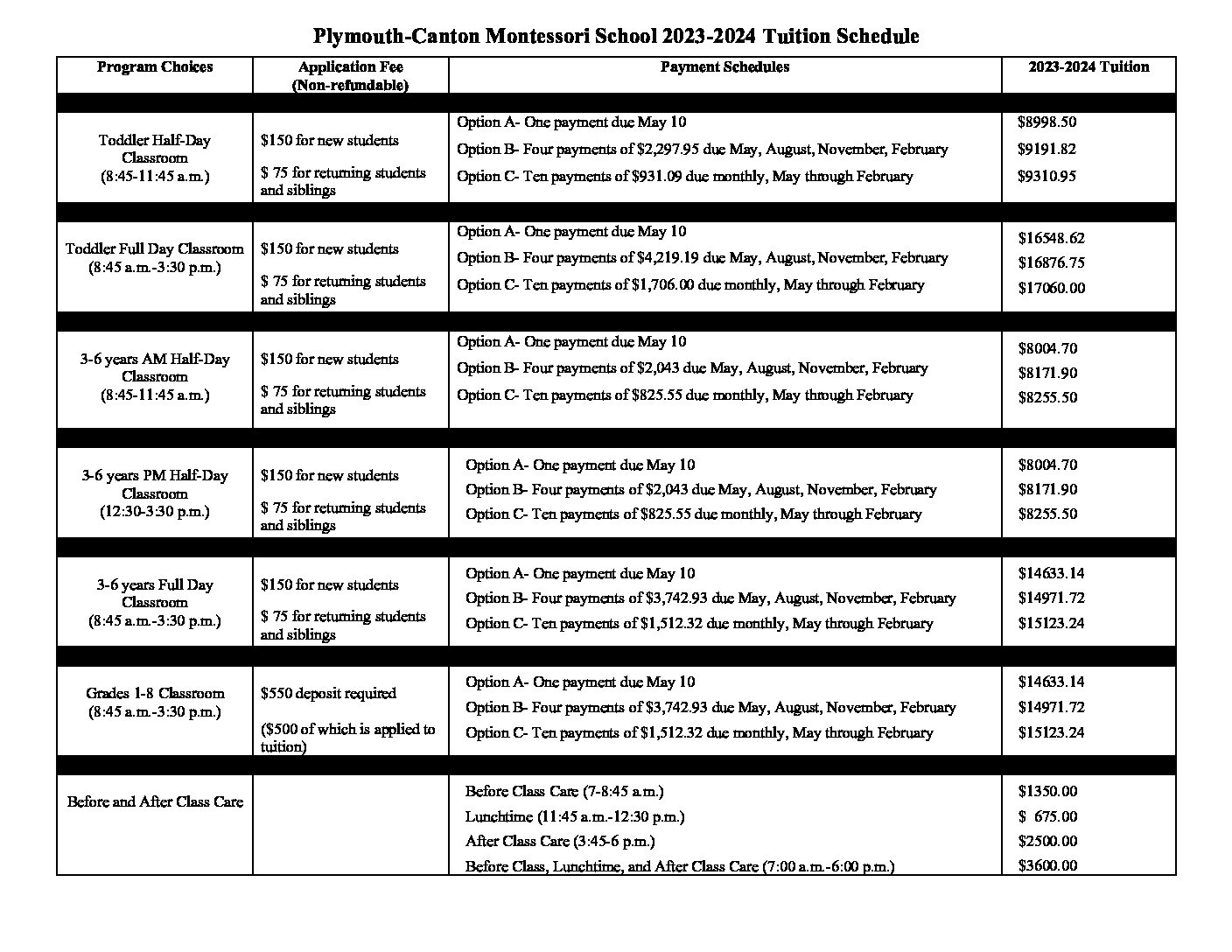 Tuition PlymouthCanton Montessori School